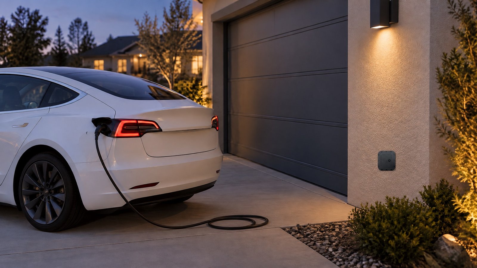 EV charging cable routed through a locking hatch in a garage wall to a car parked outside