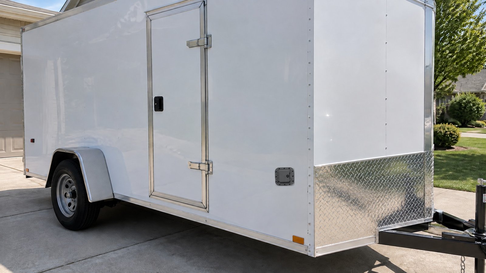 Locking hatch access door installed on the side wall of an enclosed V-nose cargo trailer